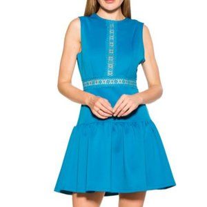 ALEXIA ADMOR Justine Sleeveless Dropped Waist Dress With Lace Denim Color NWT